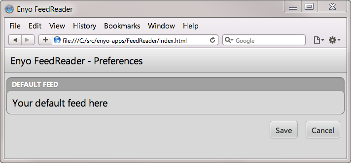 Enyo FeedReader - preferences view showing mock data